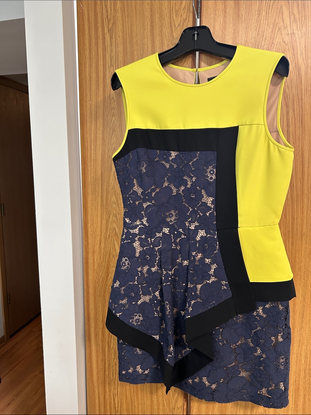 BCBGMaxAzria Yellow, Navy & Black Lace Colorblock Peplum dress